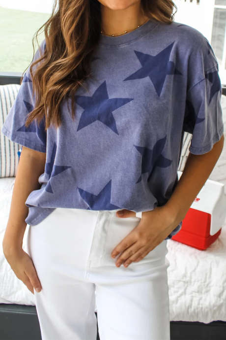 Blue Independence Day Star Printed Mineral Wash T Shirt