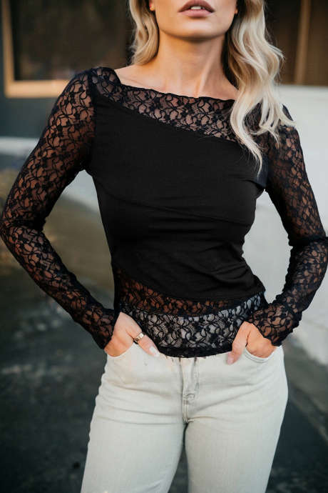 Czarny asymetryczny top z koronką w kwiaty i patchworkowym wzorem w kwiaty, z długim rękawem, LC25135566-P2