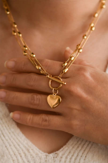Gold Heart Toggle Charm Beaded Chain Triple Layered Necklace