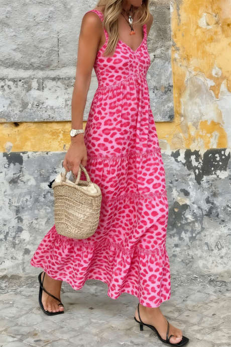 Vaaleanpunainen leopardikuvioinen V-aukkoinen hihaton röyhelöinen kerrostettu maksimekko