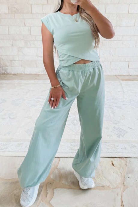 Moonlight Jade Solid Color Cropped Tank Top and Jogger Pants Set