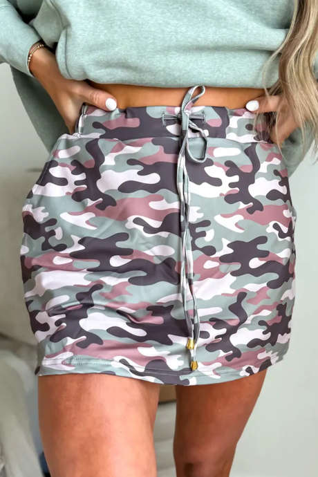 Green Camouflage Print Drawstring Casual Mini Skort