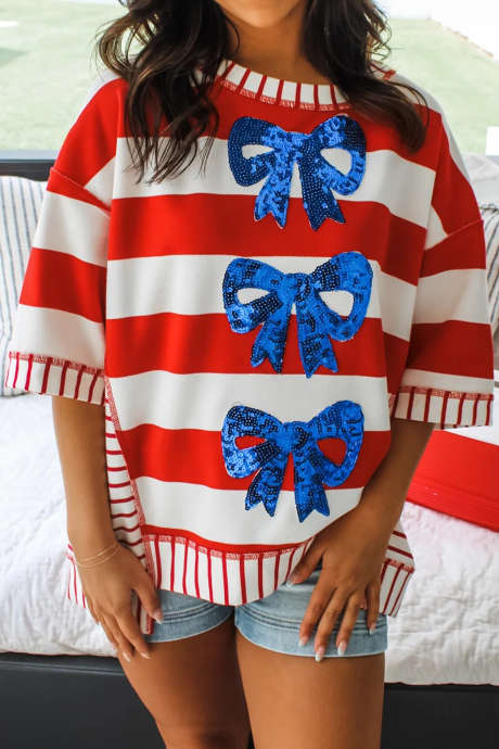 Red Stripe Sequin Bow Patriotic Half Sleeve Top