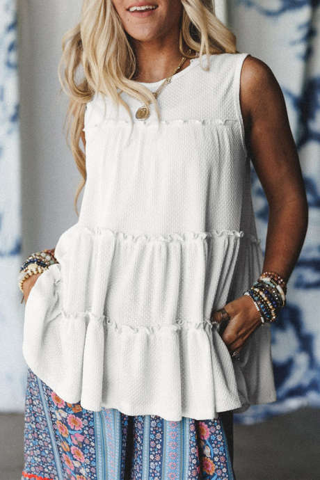White Tiered Frill Trim A-line Tank Top LC25613606-P101