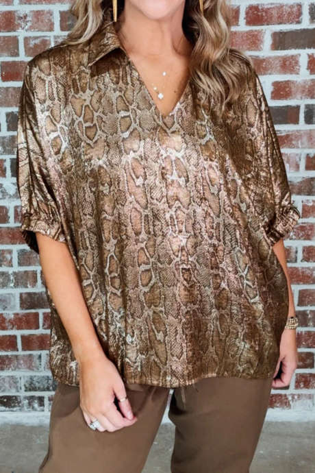 Brown Polo Collared V Neck Short Sleeve Metallic Leopard Blouse LC25136248-P1720