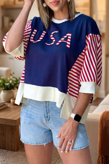 Navy Blue Color Block Striped Patchwork USA Letter Graphic Plus Size Tee