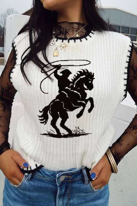 Bel kavbojski pulover z okroglim izrezom in kontrastnimi robovi