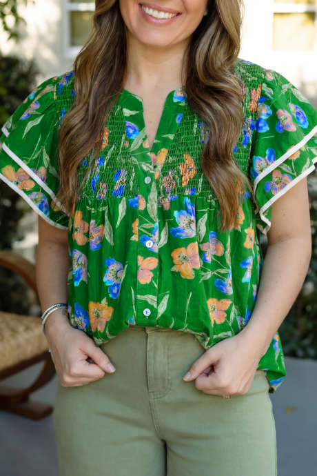 Green Plus Size Ruffled Short Sleeve Floral Top PL2515051-P920