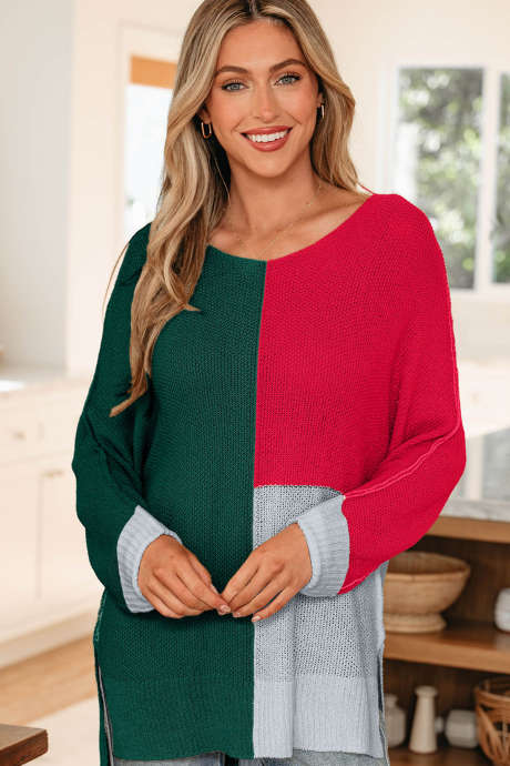 Evergreen Color Block Knit V Neck Loose Sweater LC2727598-P2509
