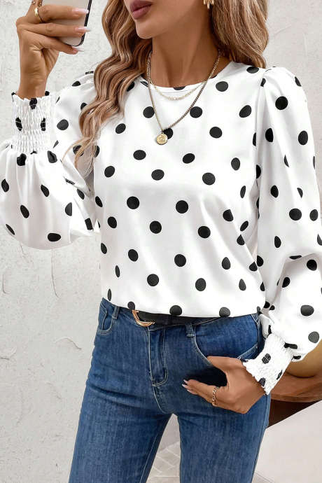 Weiße Bluse mit Polka-Dot-Muster, Rundhalsausschnitt, Rüschen und langen Ärmeln