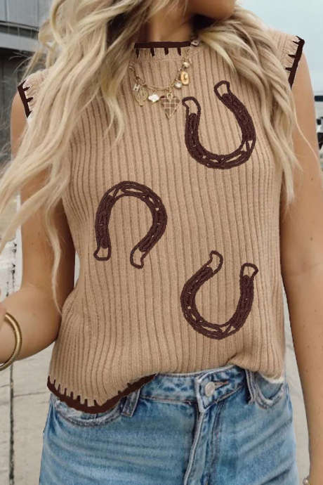 Vaalean ranskanbeige ribbineulos, kontrastivärinen pyöreä kaula-aukkoinen hevosenkenkäneulepusero