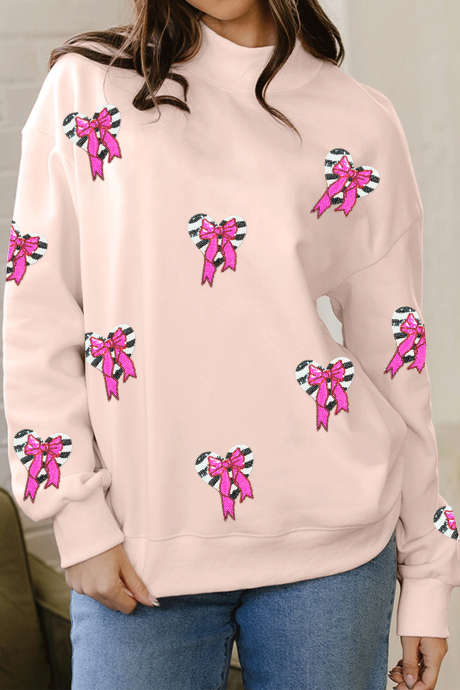 Moreloworóżowa bluza z golfem, cekinami, kokardą i łatami w kształcie serca, oversize