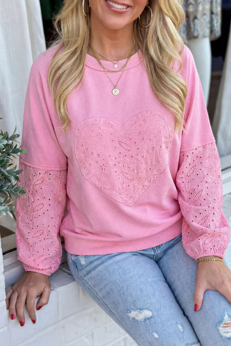 Roze Paisley Broderie Anglaise Valentijnshartpatroon Lange Mouw Patchwork Top