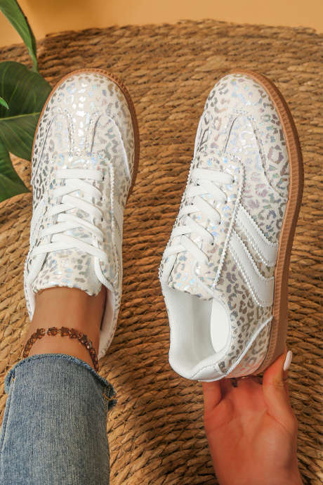 White PU Leather Detail Shimmer Leopard Printed Lace-up Sneakers