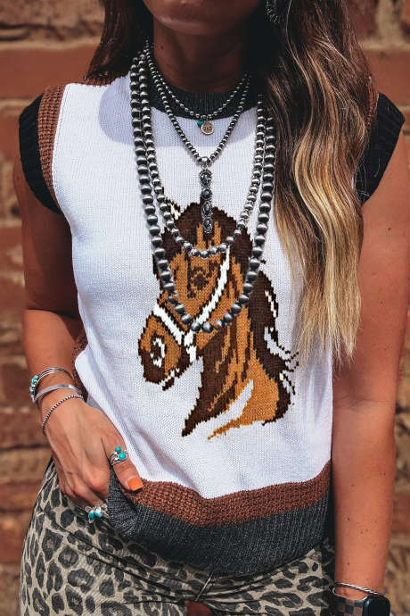 ホワイト ウエスタン ホースヘッド カラーブロック トリム セーターベスト