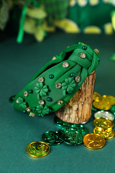 Dark Green Pearl Bead Rhinestone Embellished Lucky Clover Knotted Headband BH043643-P209