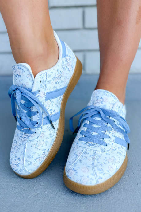 Light Blue Floral Print Lace-up PU Leather Flat Shoes