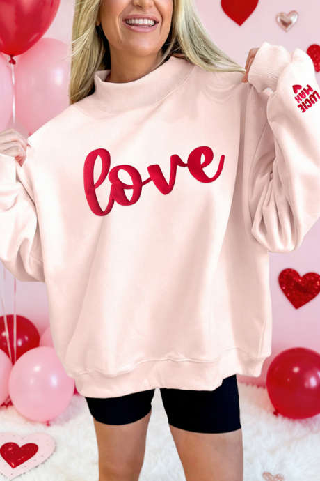 Morelowo-różowa bluza z nadrukiem w kształcie litery „LUCIE MAX” z napisem „Walentynki” i bufiastym kołnierzykiem