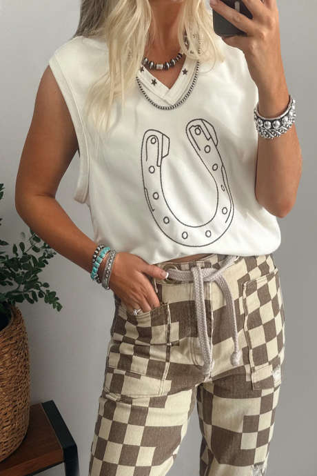 White Horseshoe Embroidered Star Trim V Neck Loose Tank Top