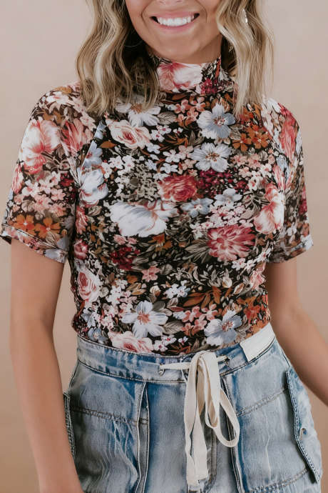 Brown Floral Print High Neck Short Sleeve Mesh Top LC25136180-P1720