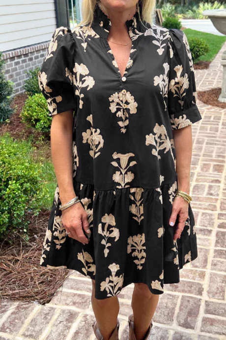 Black Frilled V Neck Puff Short Sleeve Floral Mini Dress LC6127917-P220