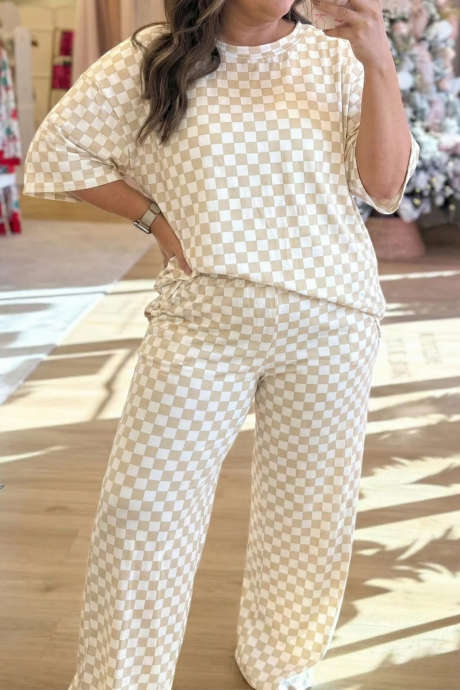 Majica s kratkimi rokavi in ​​​​pol rokavi v kaki barvi, ohlapne hlače iz 2 kosov, plus size, karo