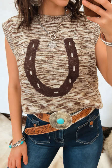 Ruskea lännenhenkinen hevosenkengänkuvioinen pyöreäkauluksinen neuleliivi