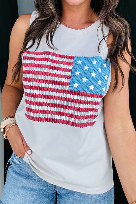 White Patriotic American Flag Printed Raw Edge Tank Top