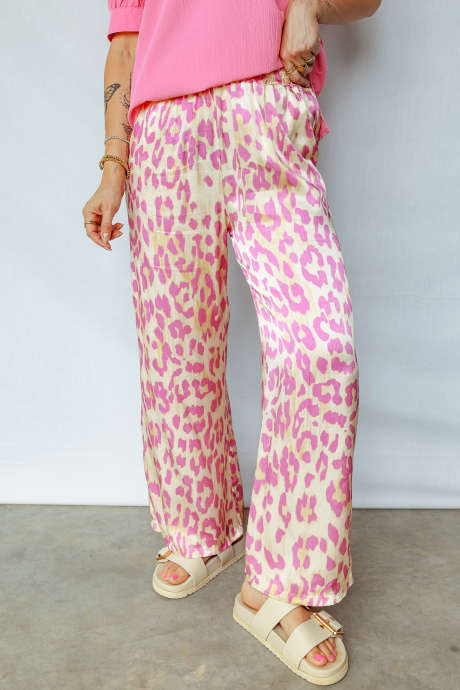 Rose Leopard Print Elastic Waist Casual Pocketed Pants