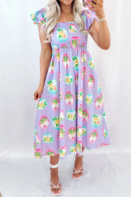 Purple Coquette Bow Lemon Print Square Neck Smocked High Waist Dress