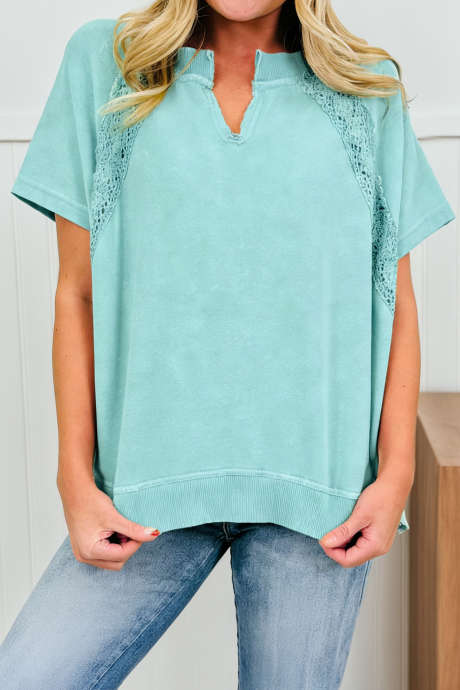 Mint Green Raw Cut Notched Neck Lace Patchwork Detail Mineral Wash Tee LC25231007-P1009