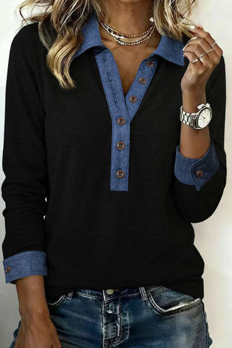 Black Textured Knit Denim Patchwork Button Polo Collar Long Sleeve Top