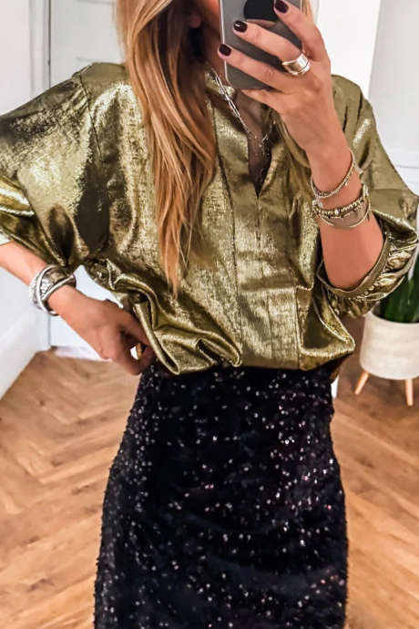 Gold Metallic Split Neck Half Sleeve Blouse LC25135954-P12