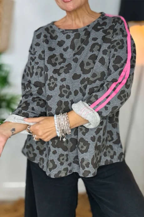 Szara bluzka uniwersytecka z długim rękawem i nadrukiem w panterkę, wykończona paskami LC25134955-P1120