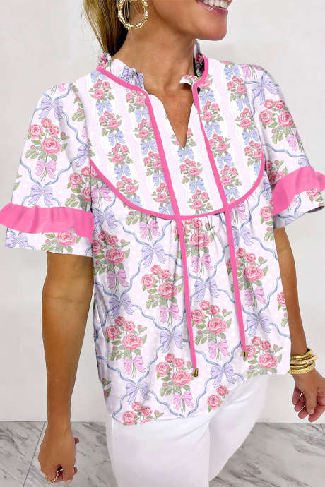 Purple Coquette Floral Bow Printed Contrast Ruffled Detail Short Sleeve Blouse