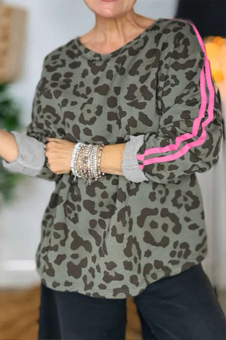 Green Leopard Print Varsity Striped Trim Long Sleeve Top