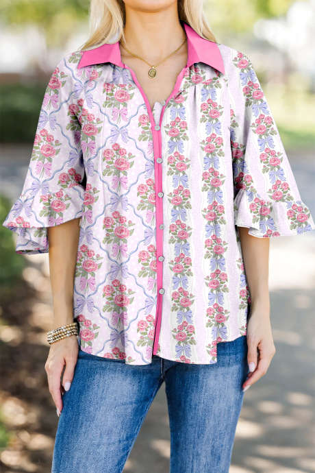 Chemise boutonnée à empiècements floraux contrastés violets et bordure colorblock