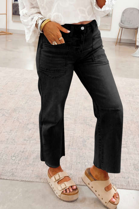 Black Frayed Cropped Straight Jeans