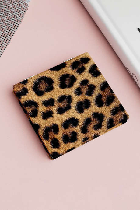 Miroir de maquillage double face avec couvercle en PU motif léopard curry thaï BH061146-P1717