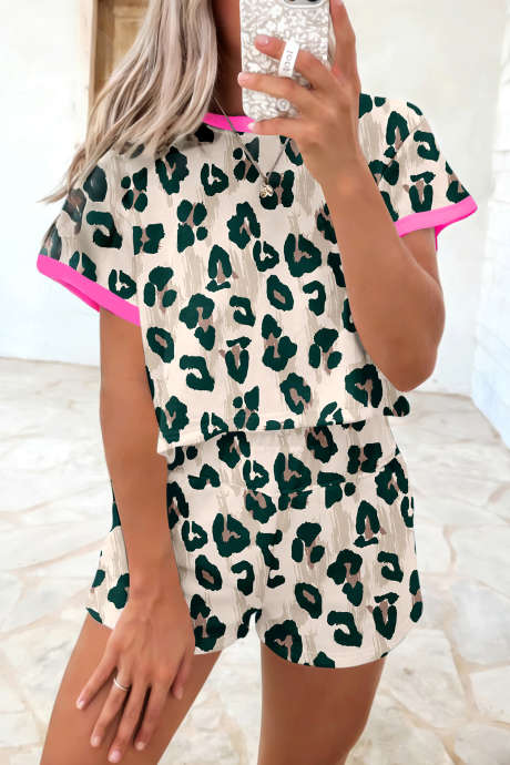 Brown Unique Leopard Print Contrast Trim Top Loose 2pcs Short Set