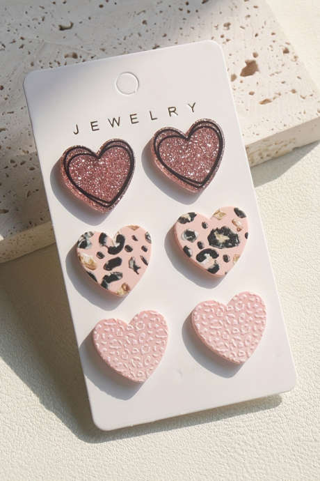 Light Pink Glitter Leopard Heart 3 Pairs Studded Earrings Set