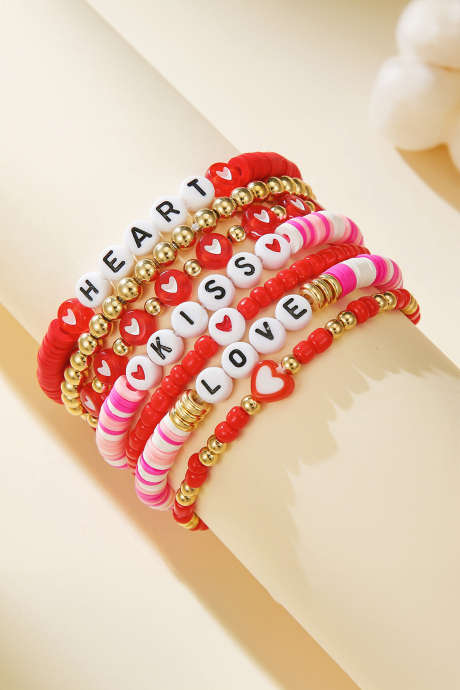 Bracelet 7 pièces à perles multiples avec slogan rouge flamboyant pour la Saint-Valentin BH014721-P3