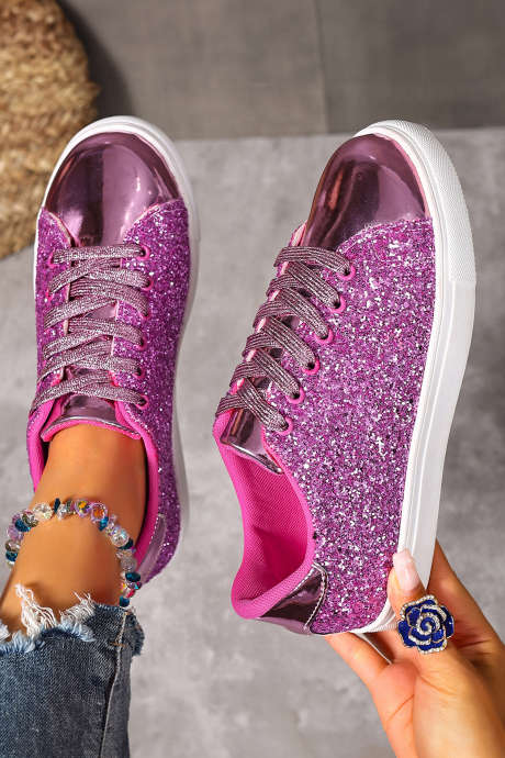 Chaussures plates à lacets Tillandsia violettes à sequins gais et patchwork élégant BH024147-P8