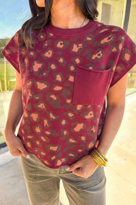 Red Leopard Print Cap Sleeve Knitted Top LC2771311-P322