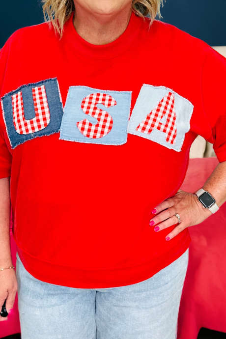 ファイアリーレッドUSAチェック柄レターカラーブロックパッチ付きプラスサイズTシャツ