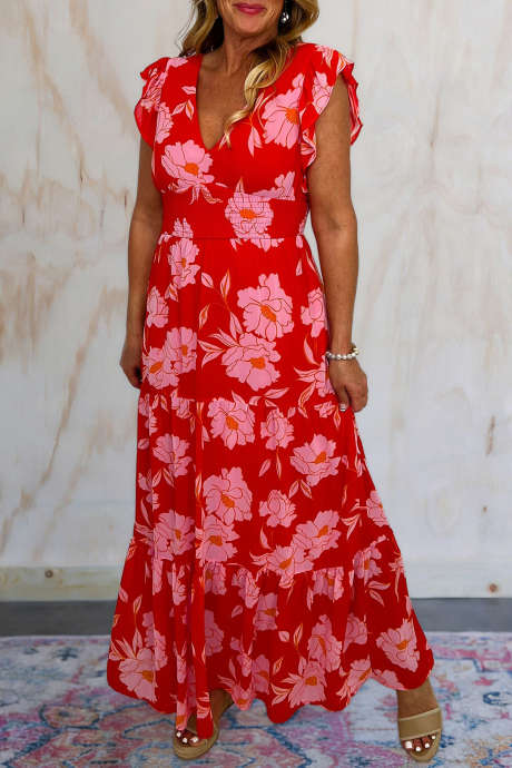 Red Floral Print V Neck Ruffled Sleeve Shirred High Waist Maxi Dress