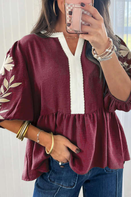 Burgundy Color Block Patchwork V Neck Embroidered Puff Sleeve Babydoll Blouse