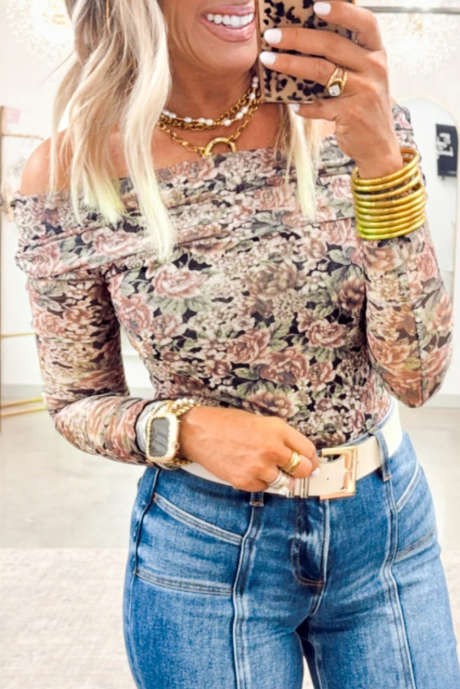 Haut à manches longues en maille à imprimé floral noir et épaules dénudées LC25136227-P220