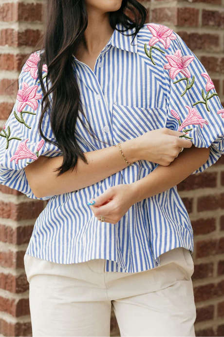 Sky Blue Stripe Lily Floral Embroidered Puff Sleeve Button Down Shirt