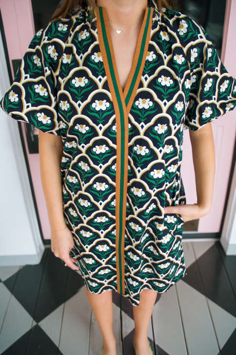 Black Plus Size Striped V Neck Puff Sleeve Botanical Print Dress